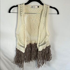 Cream and Brown Kids Vest with fringe detail with crochet top size mediu…